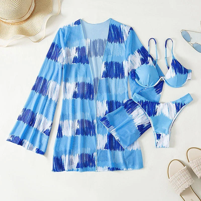 Bikinis a rayas Tie Dye para mujer, traje de baño Push Up con aros y cubierta, nuevo traje de baño Sexy de 3 piezas, traje de baño 2024