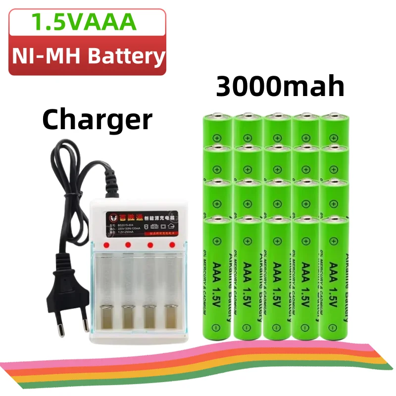 100%New Original AAA Battery Rechargeable Battery AAA1.5V 3000mAh Rechargeable  Alcalinas Drummey+Charger Shaver Clock Battery