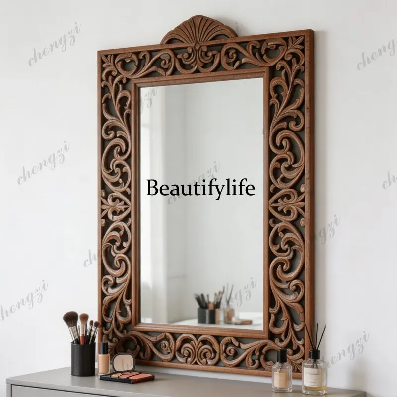 French retro carved square makeup mirror wall-mounted bedroom dresser decorative mirror light luxury