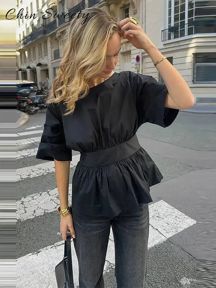 

Fashion Bow Backless Pleated Shirts Women Solid O-Neck Half Sleeve Waist-Closed Top 2025 Spring Summer Lady High Street Shirt