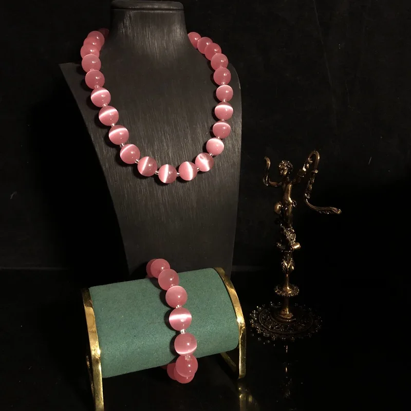 Fresh Sweet Retro Pink Opal Beaded Necklace Stretch Bracelet Suit Fashion All-Match Jewelry