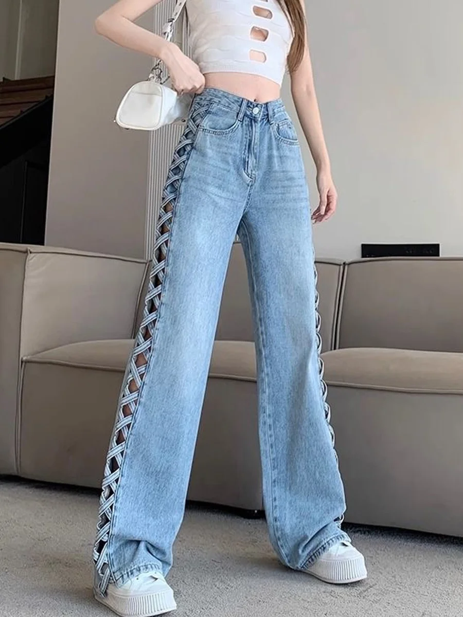 

American Style High Waist Wide Leg Denim Jeans Women's Summer New Loose Straight Cut Long Pants Side Hollow out Design