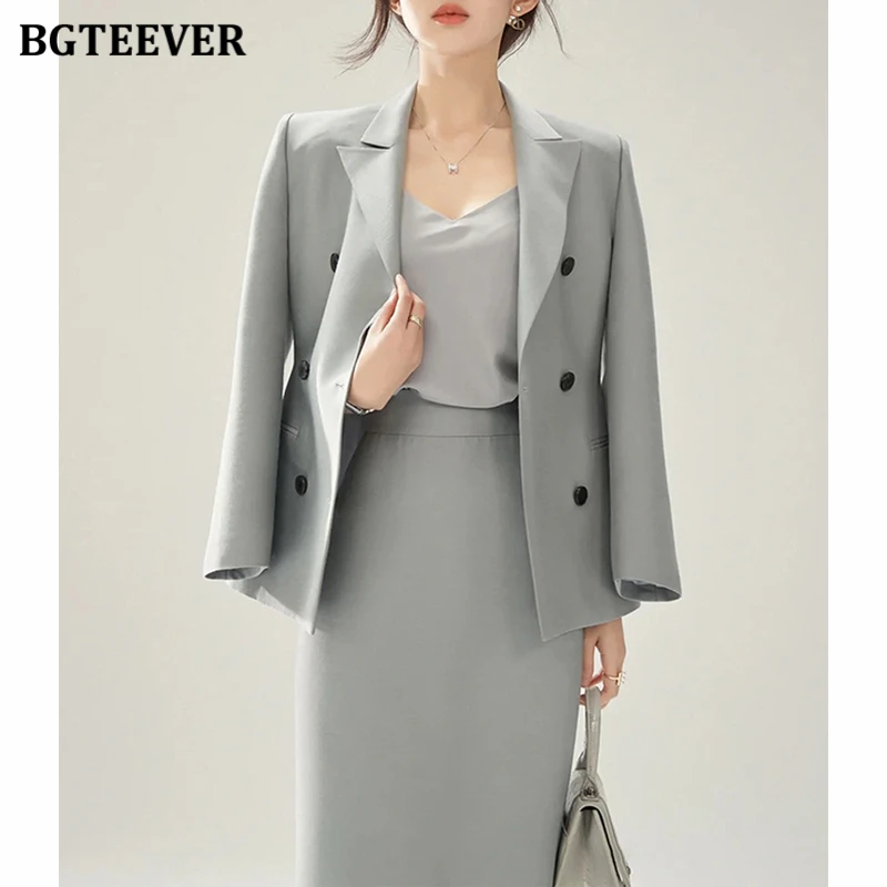 BGTEEVER Autumn Ladied 2 Pieces Skirt Set Long Sleeve Double Breasted Jackets & High Waist Pencil Skirts Women Blazer Set