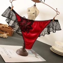 French Style Sexy Embroidered Lace Thong Women's Satin Thin Comfortable Breathable Panties Female Low Waist Seductive Underwear