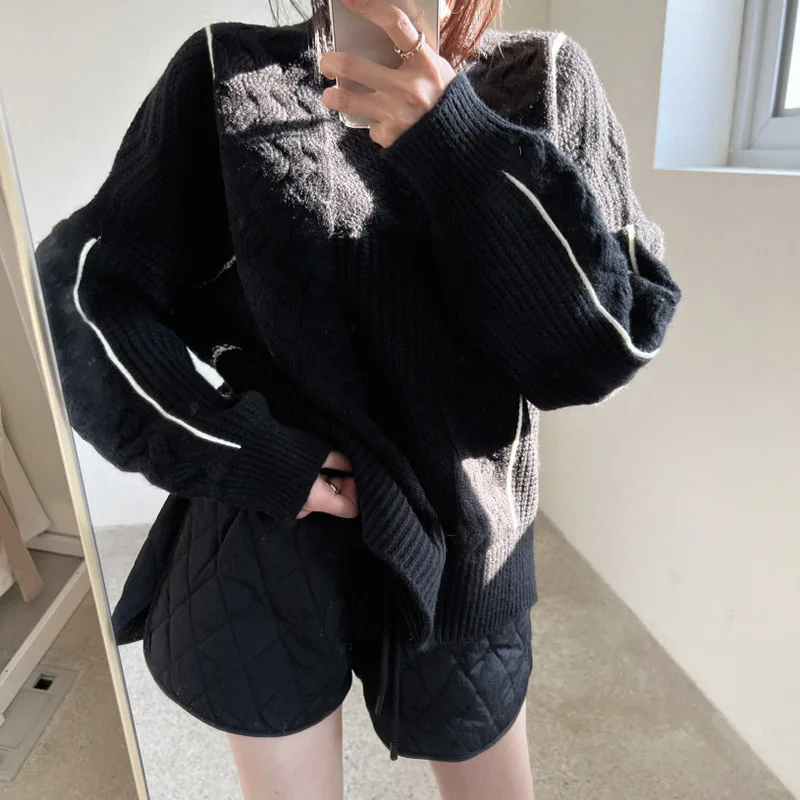 Round Neck Midi Knitted Pullovers Women Fall Winter Korean Loose Striped Long Sleeve Sweaters Top 2 Colors