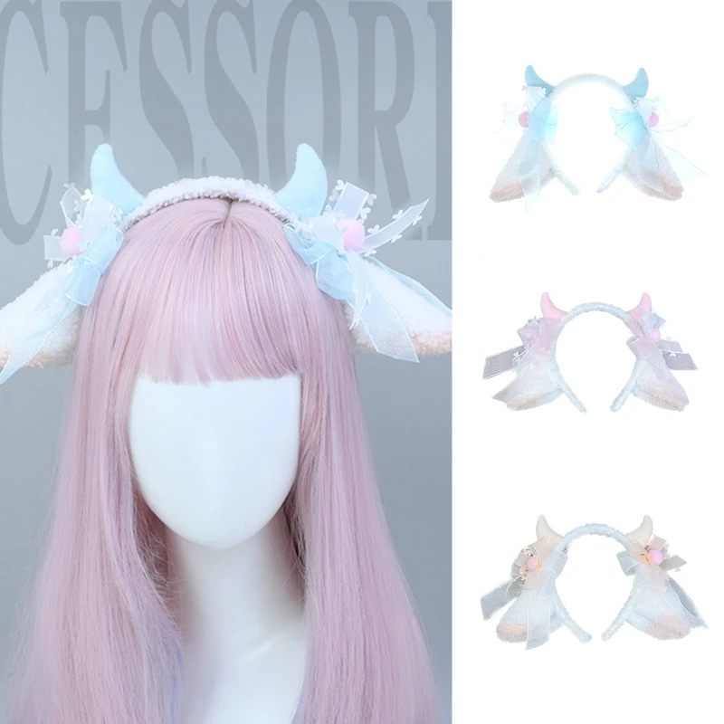 Lovely Lolita Sheep Ear Headband Cute Adult Plush Sheep Horn Bowknot Hair Hoop Women Girl Halloween Carnival Party Cosplay Props