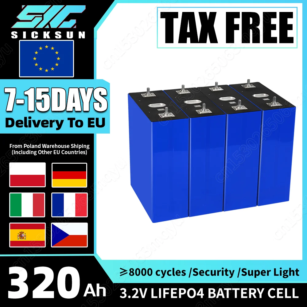 320AH Lifepo4 Battery New 3.2V Lithium iron phosphate Cell 8000 Cycles DIY 12V 24V 48V Cell For Camping EV RV Golf Cart EU Stock