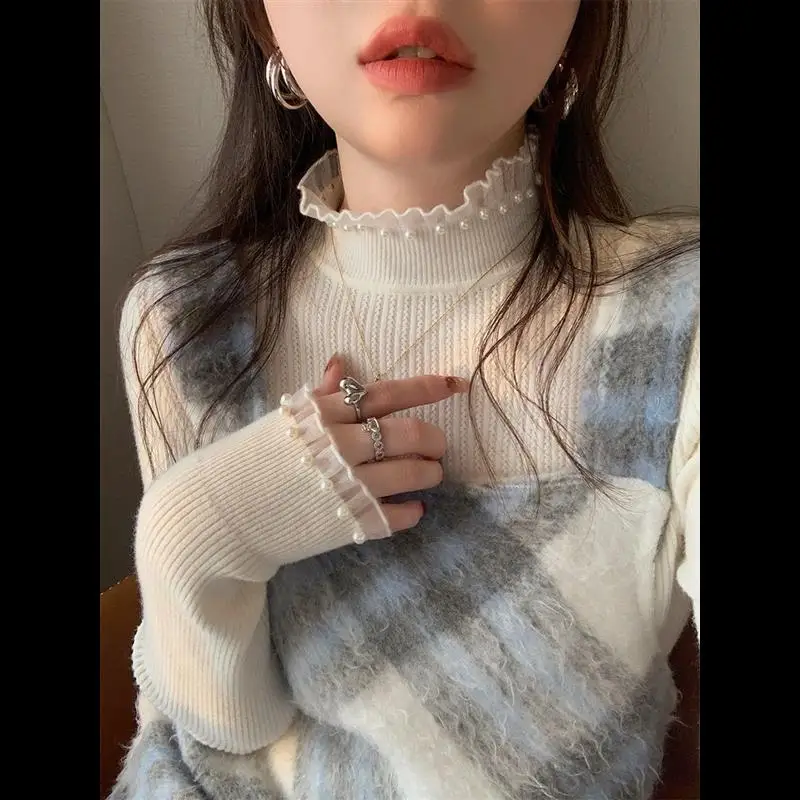 French Style Loose Fit Long Sleeve Knitted Base Shirt Women's Half High Collar Inner Wear Lace  Pearl Sweater Base Top