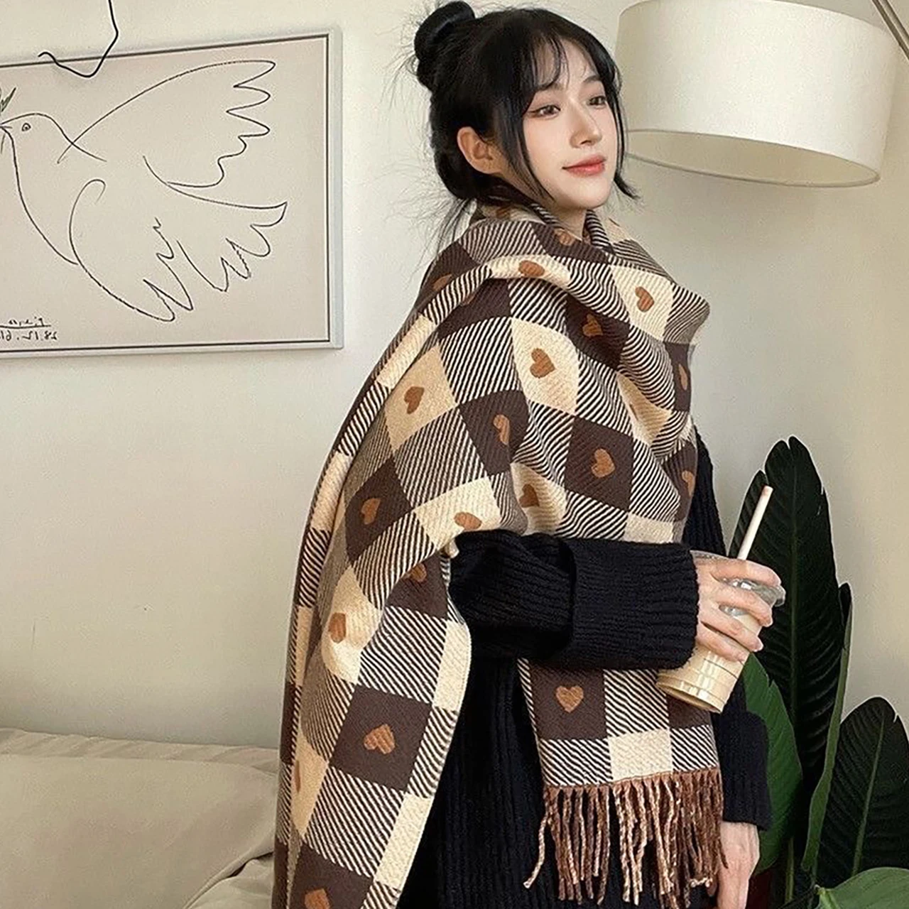 

Women's Heart Plaid Scarf, Autumn Winter Warm Thick Cashmere-like Large Shawl Blanket