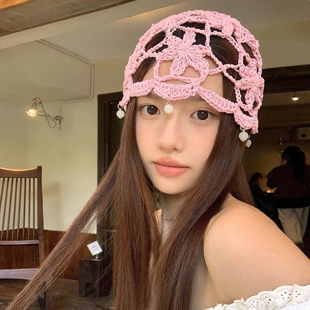 

Bohemian Style Crochet Flower Knitted Hat Thin Korean Style Hollowed Out Beanie Cap Ethnic Style Apparel Accessories Woven Cap