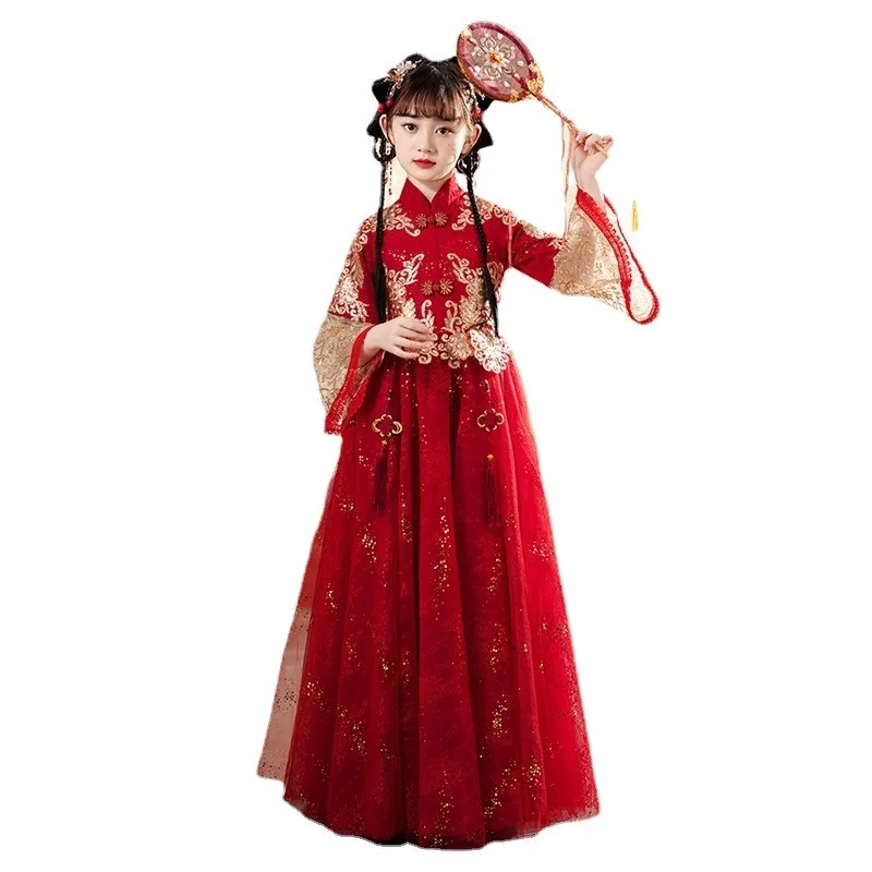 Vintage Chinese Hanfu Cloak Tang Suit Flower Girl's Dress For Chinese Wedding Evening Costume Kids Red Chinese New Year Clothes