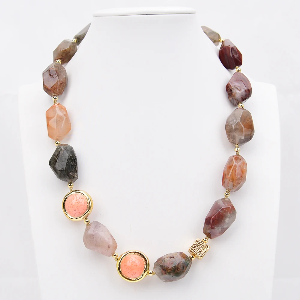 G-G Natural Mix Color Red Ghost Quartz Rabbit Hair Crystal Pink Sponge Coral Necklace 20'' Jewelry Gifts For Lady