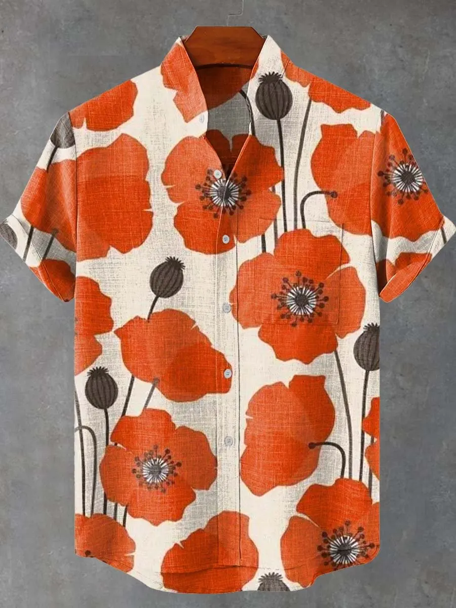 New men's short sleeved shirt with retro ethnic pattern, flower color, artistic printing, casual short sleeved shirt