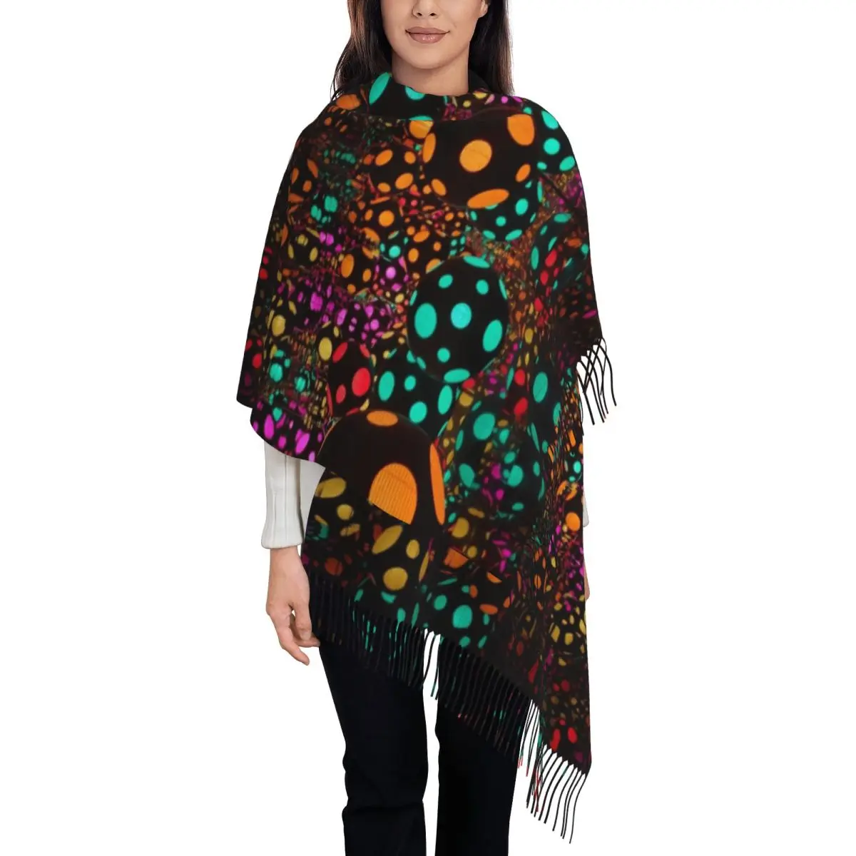 Yayoi Kusama Shawls Wraps Womens Winter Warm Single-sided Pattern Scarf Light Ball Colorful Mystery Pashmina Tassel Scarves