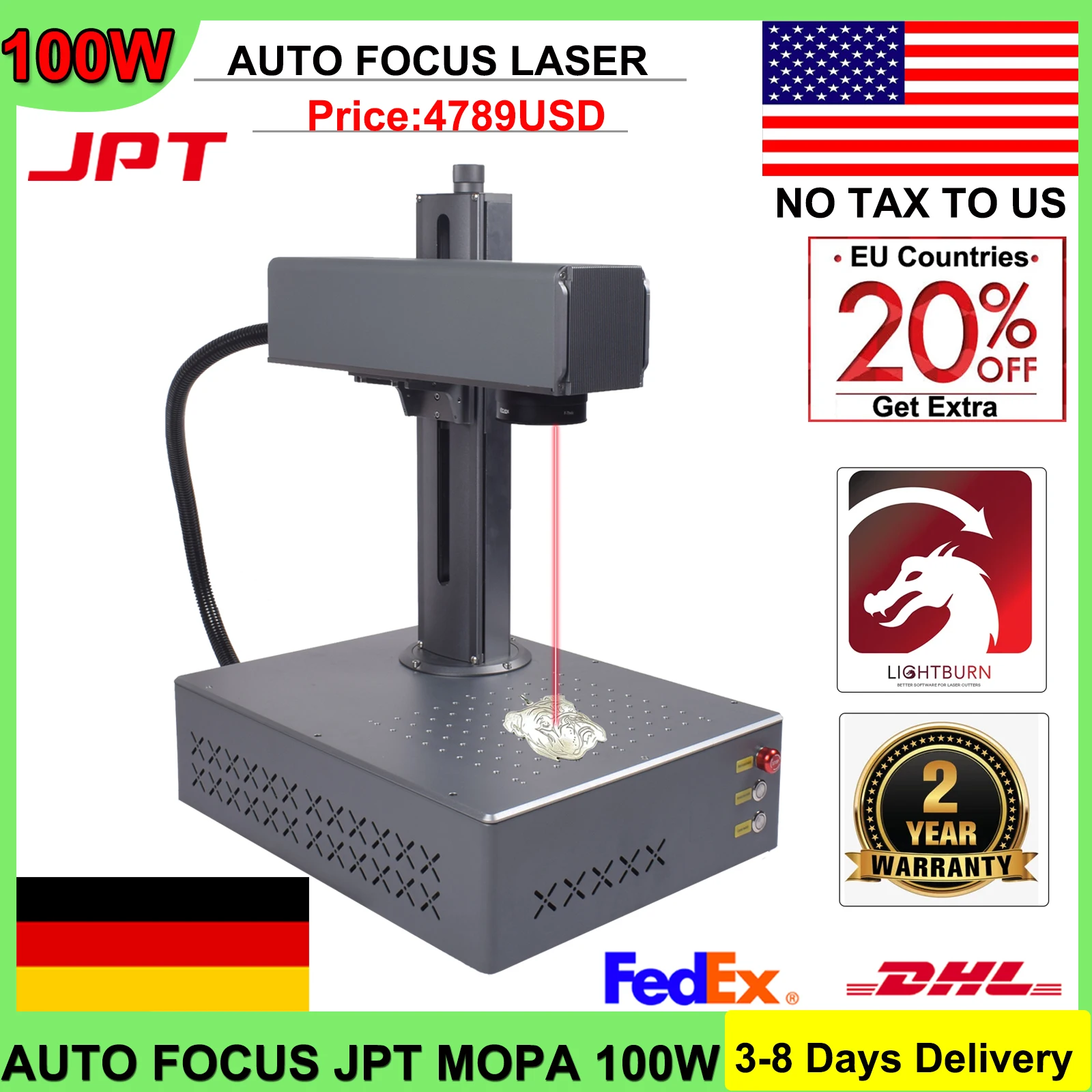 [DDP TO US] Autofocus JPT 100W Fiber Laser Marking Machine Mopa 100W Laser Engraver Electric Lifting for Cutting Jewelry