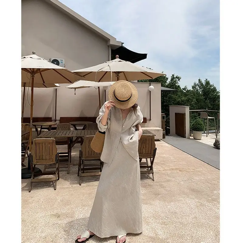 

Casual suit women's 2025 simple lapel loose long-sleeved shirt autumn versatile skirt two-piece set
