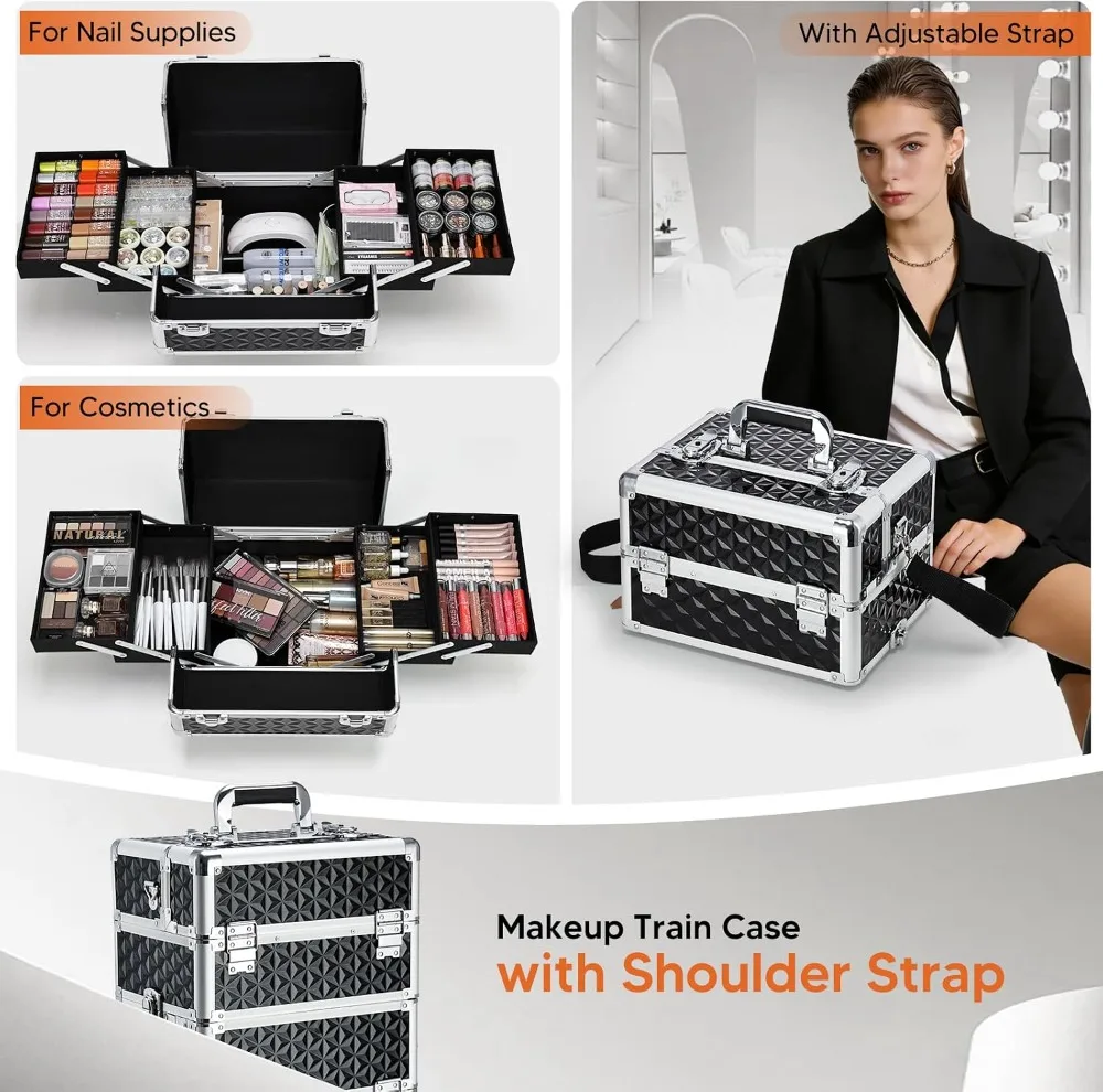 3-in-1 Rolling Makeup Case on Wheels, Large Cosmetic Trolley for Salon, Barber, Nail Tech, Hairstylist, MUA, Black view 3