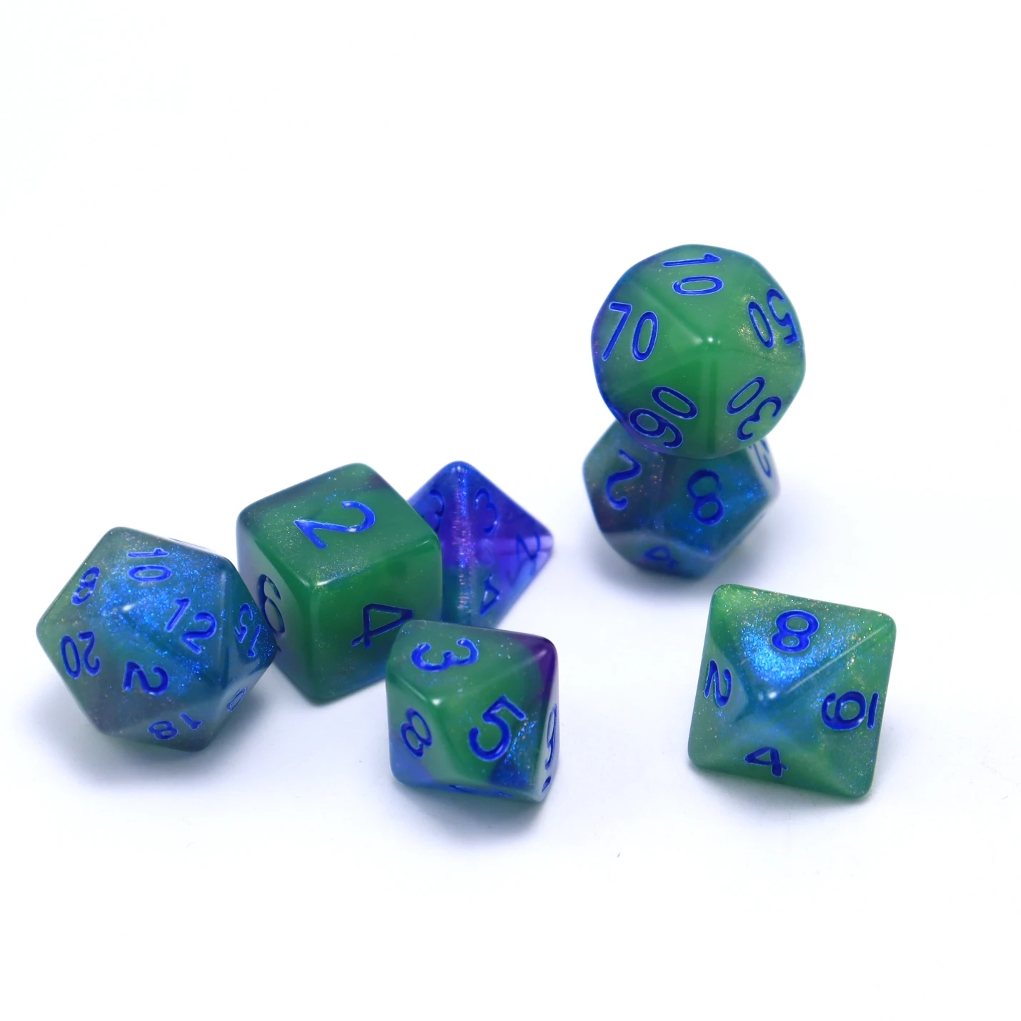 

7 шт. синий, зеленый и белый плюс светящийся в темноте набор игральных костей, игровые аксессуары игральные кости, светящиеся в темноте кости, принадлежности для настольных игр, l