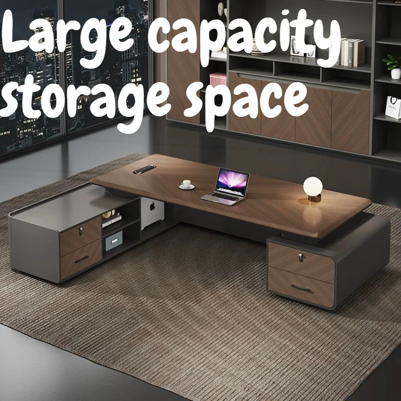 Modern Luxury LED Executive Office Desk L‑Shaped Large Boss Desk With Side Cabinet Manager CEO Workstation Home Office Furniture
