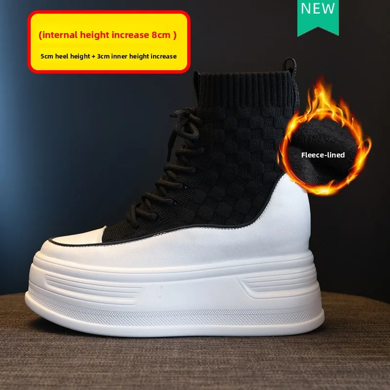 8cm Women 2026 Autumn and Winter New Thick-soled Mid-calf Boots Inside Height-raising Socks White Shoes with Muffin