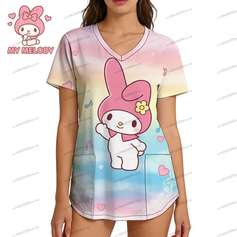 

Kawaii Sanrio My Melody Women's T-shirt Women's Nurse Uniform V Neck T Shirt S-2XL 2026 New 3D Print Streetwear Pocket Leisure