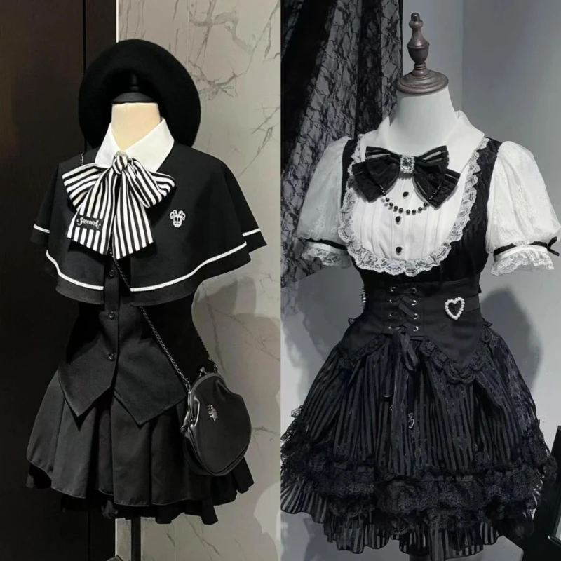 Preppy نمط خمر فتاة ساخنة 2 قطعة مجموعات النساء الصيف Y2k القوس تصميم تنورة صغيرة الدعاوى الإناث الأسود شيك الملابس الكورية الشعبية
