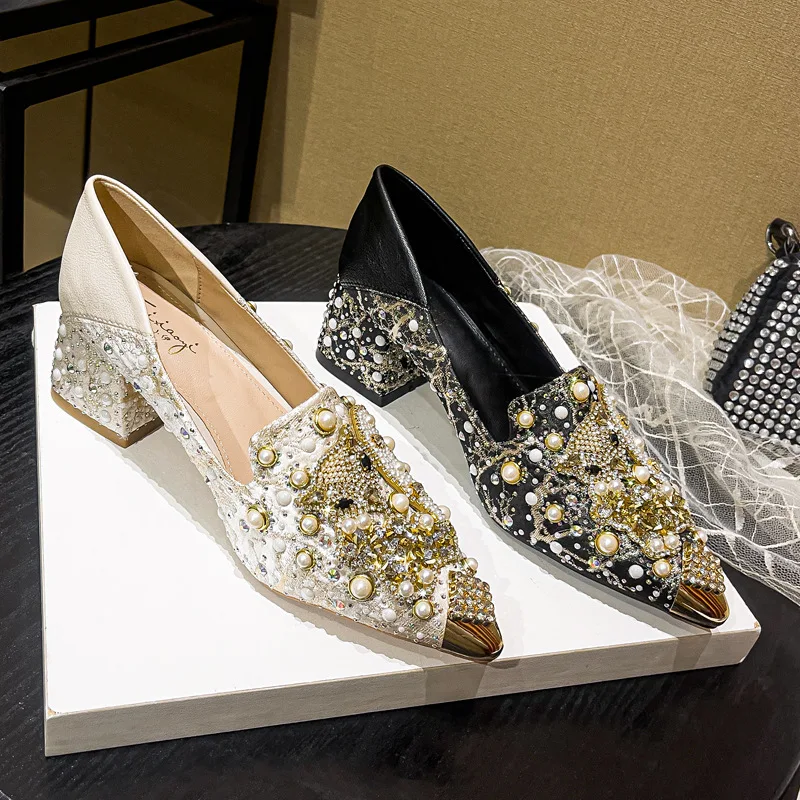

Women's Pointed Rhinestone Loafers Elegant Temperament Single Shoes Handmade High-heeled Thick-heeled Womens Shoes Zapatos Mujer