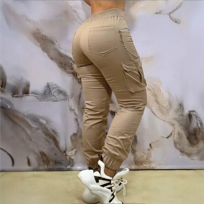 2025 New Women's Pants Sim-fit Fashion All-in-one Khaki Bunched Feet Elastic Multi-pocket Chain Cargo Pants Trend High Street - view 5
