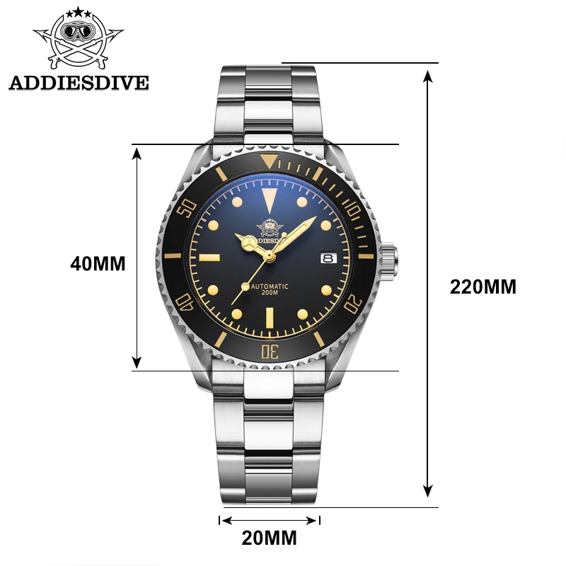 ADDIESDIVE Men Automatic Wristwatch NH35A Movement Stainless Steel Sapphire Glass Luminous 200m Diving Watch Relojes Mecánicos