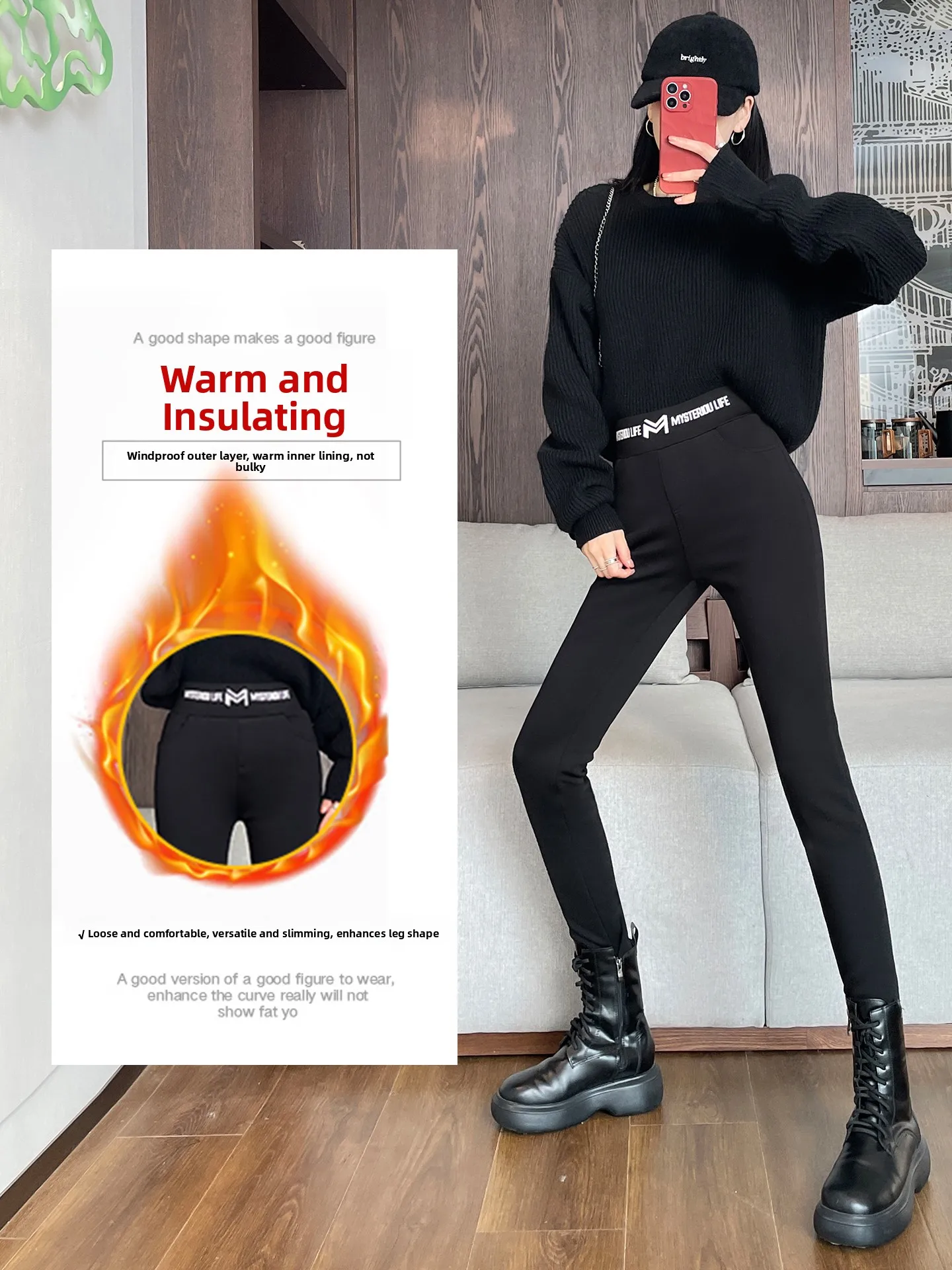 ラムベルベットハイウエスト厚手ヨガパンツ レディース ブラック 裏起毛 ヒップアップパンツ 秋冬アウター