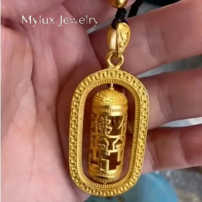 Joyería Mylux, colgante de columna giratoria con mantra de seis caracteres y personaje de Buda, en oro real de 24K 9999, joyería con cordón para hombre, estilo antiguo.