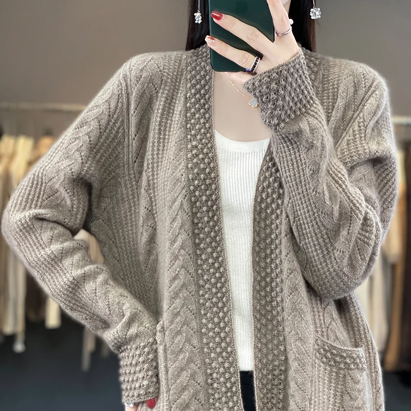 Fall Winter New Sweater Women\'s Long Sleeve Solid Color Cutout Jacquard 100% Pure Wool Genuine Loose Pocket Korean Cardigan Top