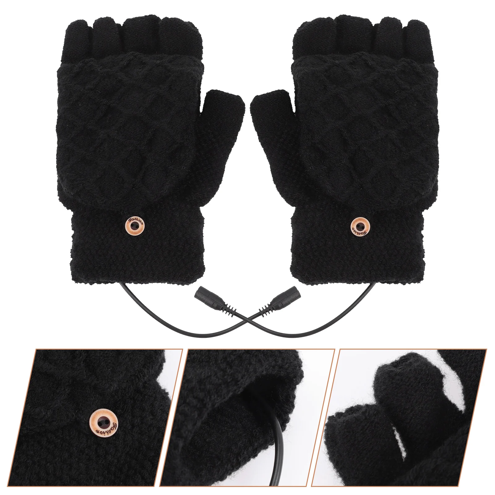 

Heated Fingerless Gloves Running Hand Warming Outdoor Thermal Mitts Winter Black Knitted Riding Heating Mittens