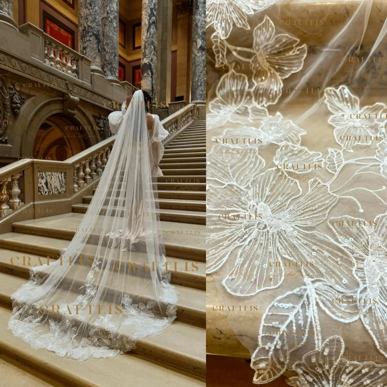 Cathedral Lace Wedding Accessories Veil With Flower Sequins Lace Bridal Veil Bridal Embroidered With Beaded Lace Appliqué Veil