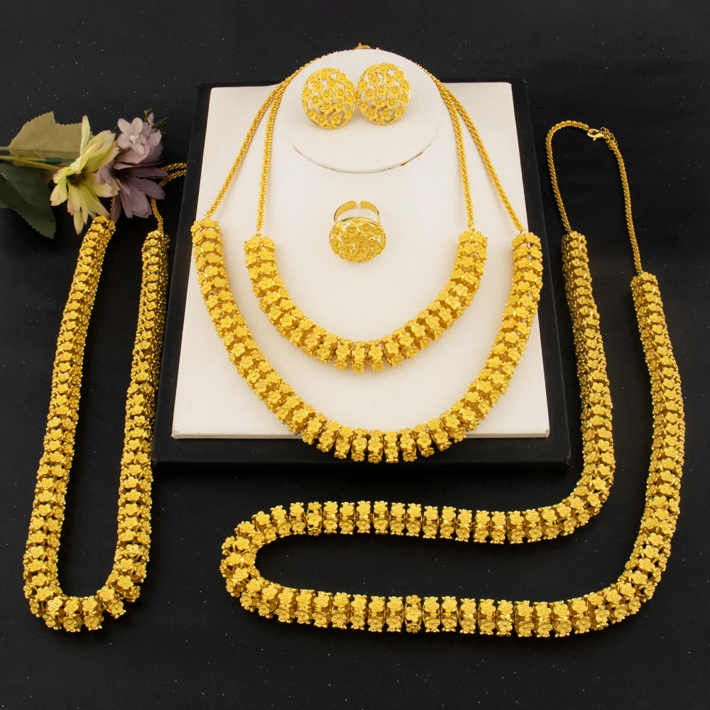 

Dubai Elegant Jewelry Set Necklace Earrings Ring Gold Plated Women's Wedding Anniversary Gift