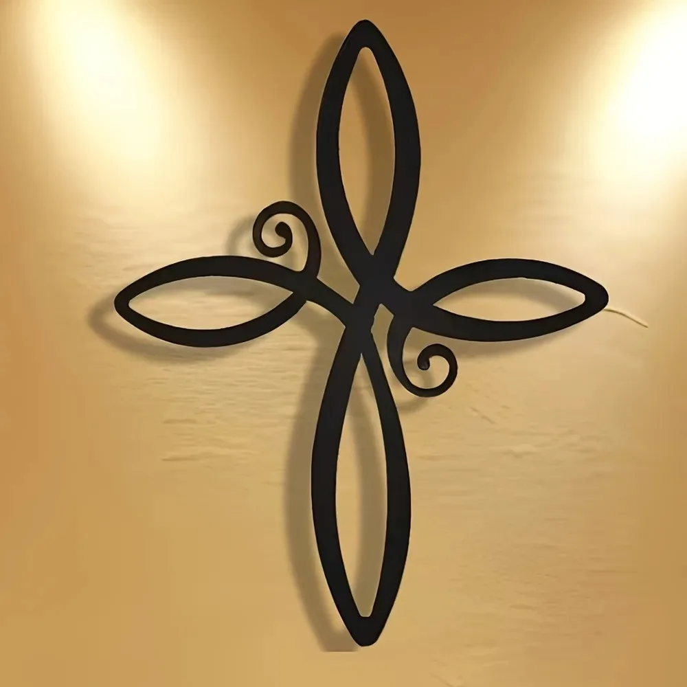 CIFBUY Iron Art Wall Decor Cross Vortex Scroll Metal Sign Religious Faith Black Plaque For Church Bedroom Living Room