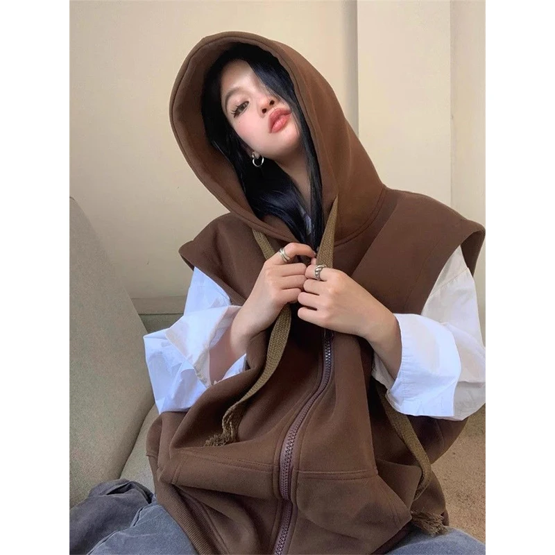 

plus Size 300 Pou Fat MM American Street Letter Print Hooded Mid-Length Vest Sweatirt Jaet Women Autumn INS Loose Fit