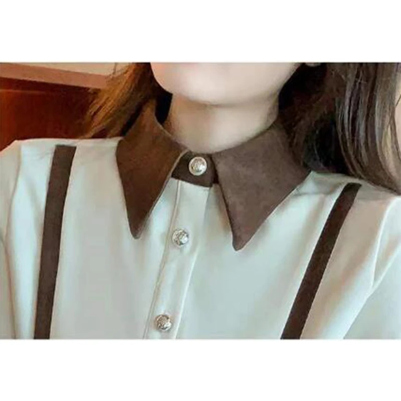 Autumn Polo Neck Corduroy Vintage Patchwork Buttons Long Sleeve Blouse Office Lady Elegant Fashion All-match Shirt Top Women