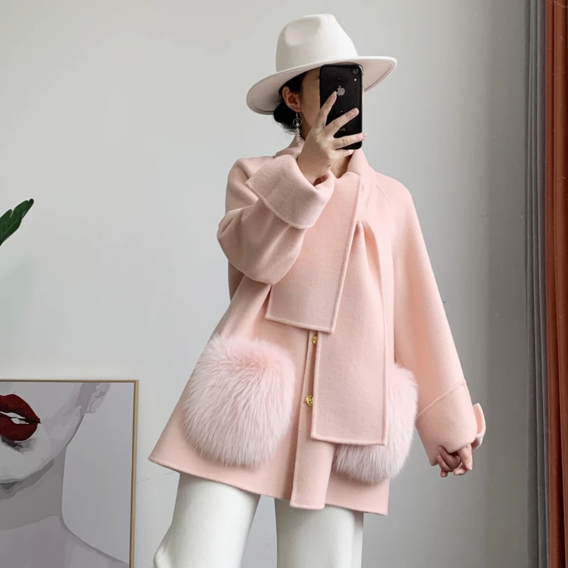 2022 High End Brand Fox Fur Pocket Double Sided Woolen Cashmere Coat Women Long Scarf Collar woolen coat