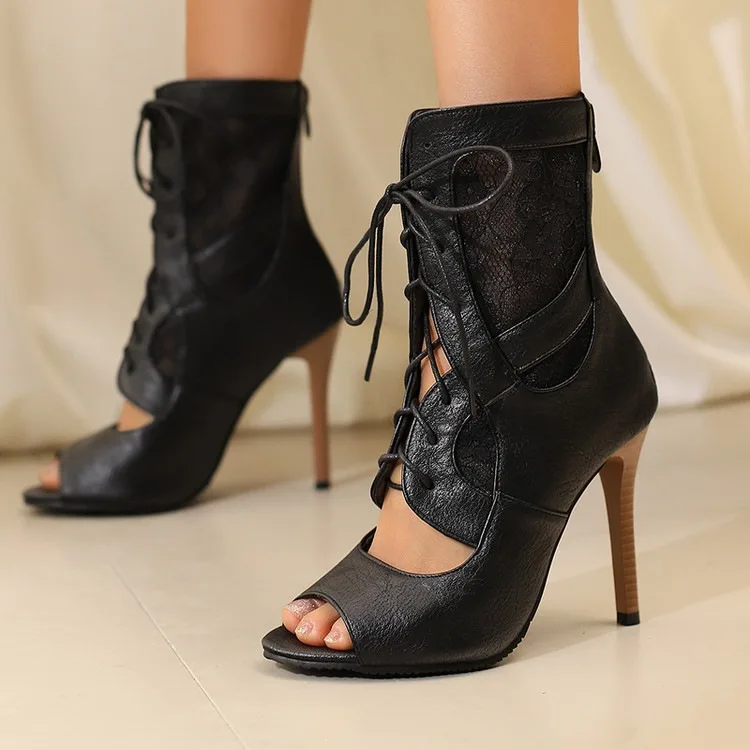 

2026 Spring Summer New Dance Shoes Lace Hollow Lace-up Fish Mouth Thin High Heel Cool Boots Women