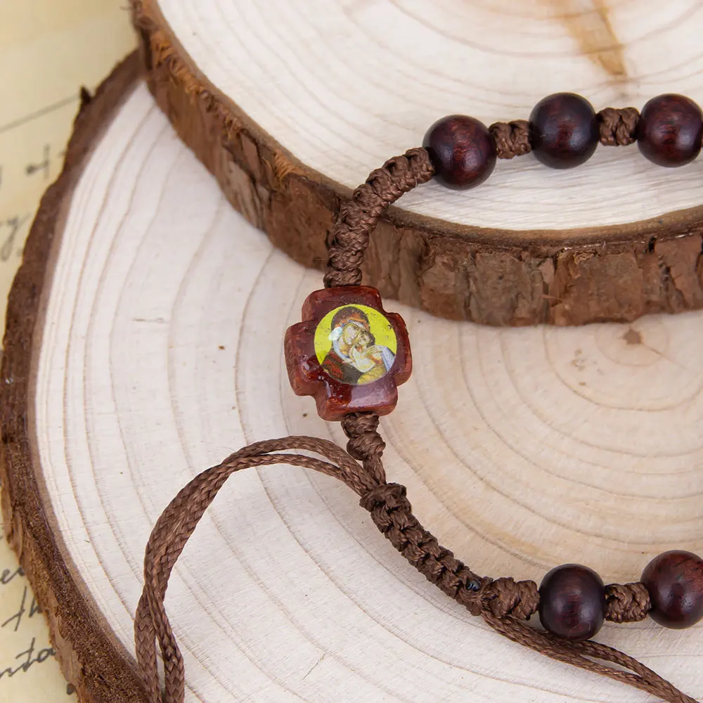 HTISOK Handgefertigtes Holz-Rosenkranz-Armband mit Jesus- und Maria-Anhängern – Katholischer Andachtsschmuck für Gebete, spirituelle Geschenke – Detail 10