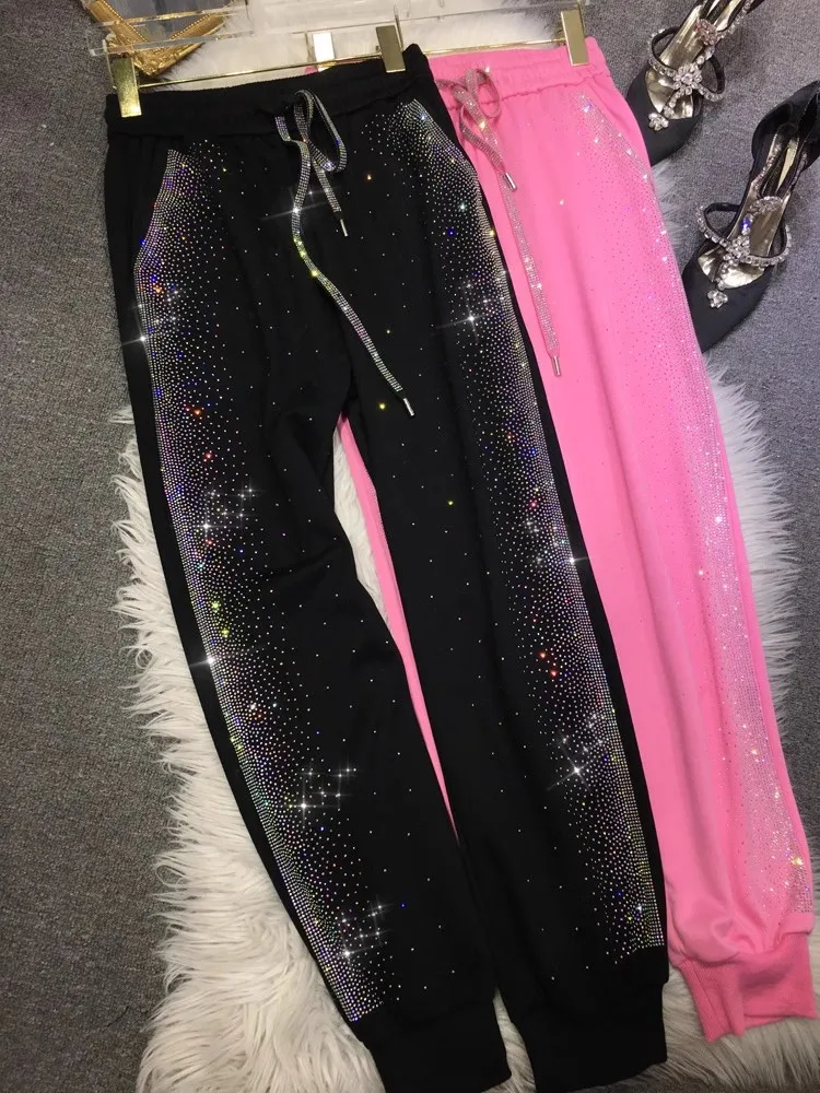 

Oversized Rhinestone Diamond Casual elastic-waist sports Slimming full diamond corset pants women's sweatpants