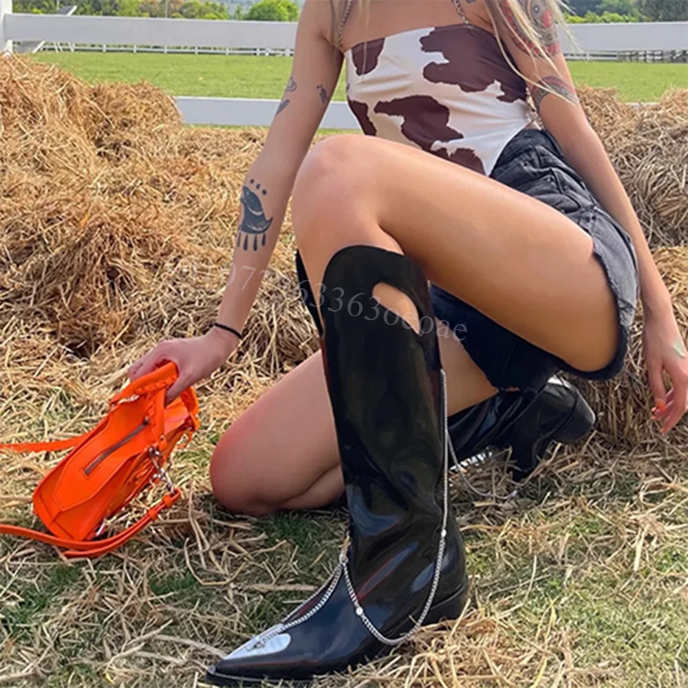 

Metal Chain Decor Miter Boots Matte Leather Pointed Toe Shoes for Women Knee High Flat Fashion Shoes 2025 Zapatos Para Mujere
