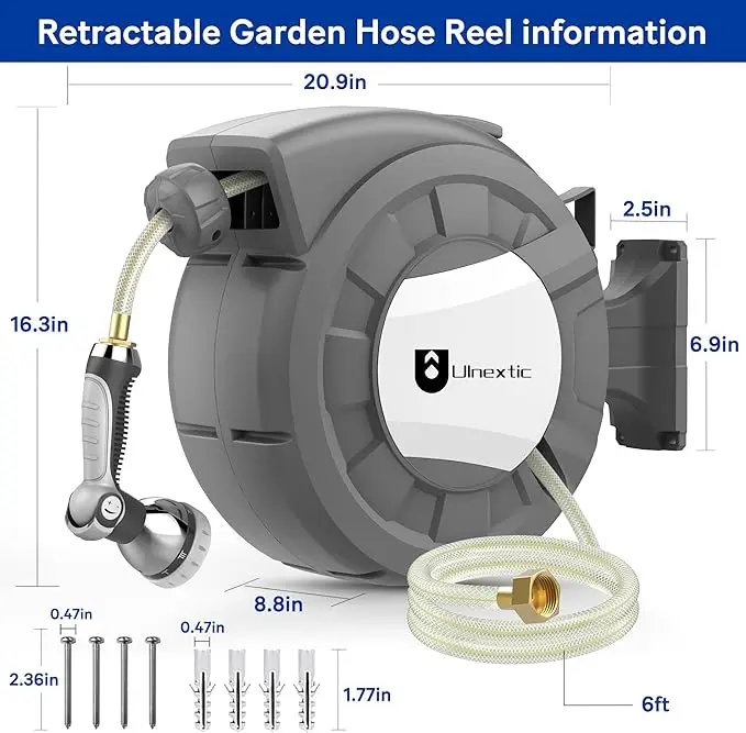 Retractable Garden Hose Reel Wall Mount 130FT 1/2 Inch Lock Any Length 10 Spray Patterns Nozzle