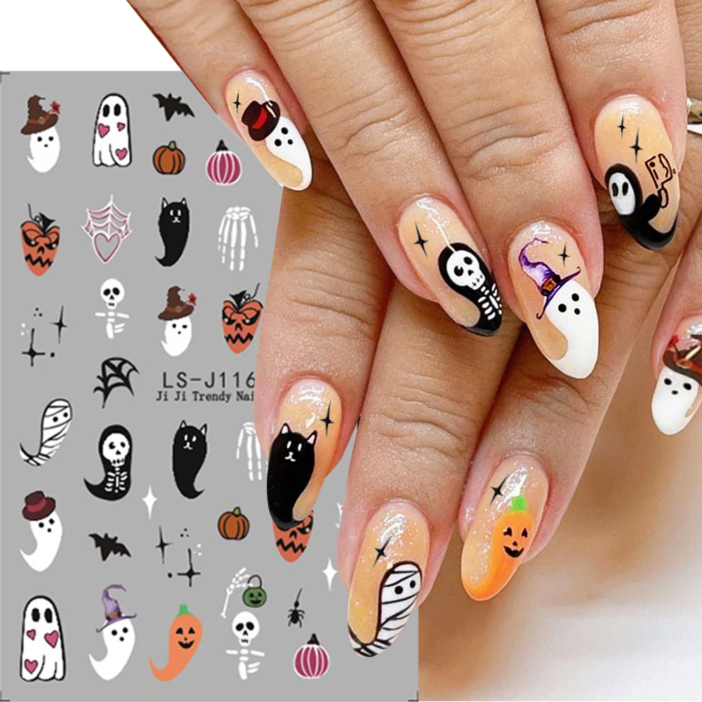 Cartoon Ghost Nail Stickers Halloween Decoratie Schattige Pompoen Schuifregelaar Hart Spinnenweb Bat Skull Charms Manicure Sticker LEBLS-J116