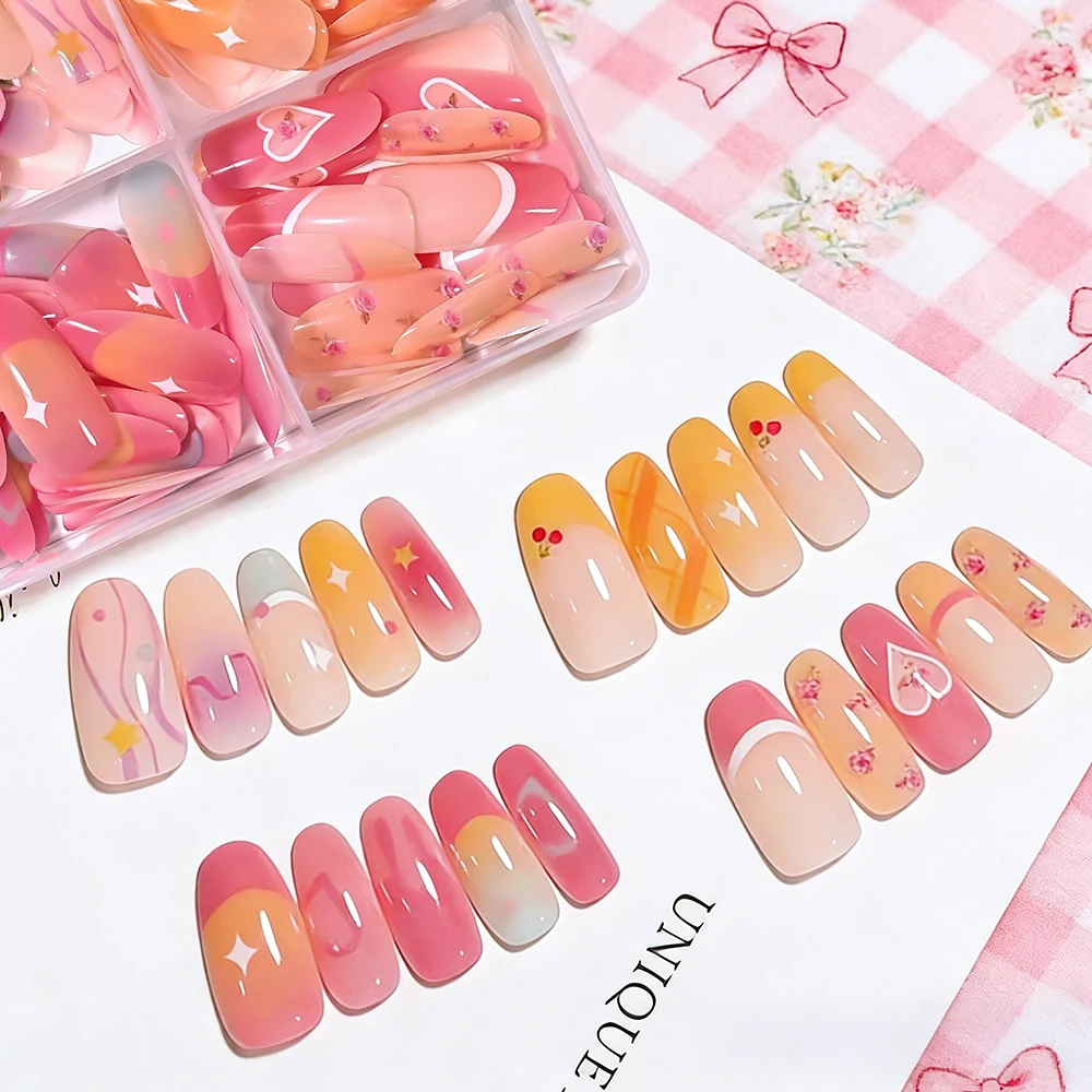 120 faux ongles à presser, dégradé Dopamine, forme ovale moyenne, French manucure, motifs cœurs, étoiles et pois, à porter