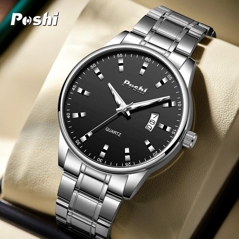 POSHI 975 Quartz Watch For Man Fashion Original Men\'s Wristwatch Simple Business Quartz Movement Clock Date Display Reloj Hombre