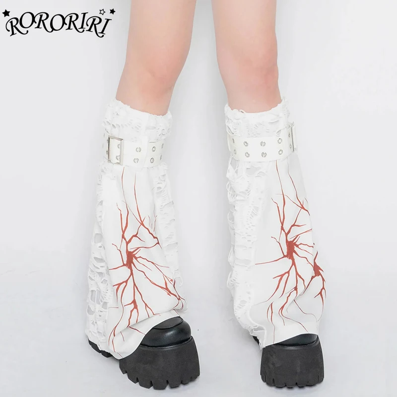 RORORIRI-Calentadores de pierna blancos para mujer, calcetines largos rasgados hasta la rodilla, cinturón de cuero, botas, cubierta Y2k, ropa de calle Vintage Harajuku