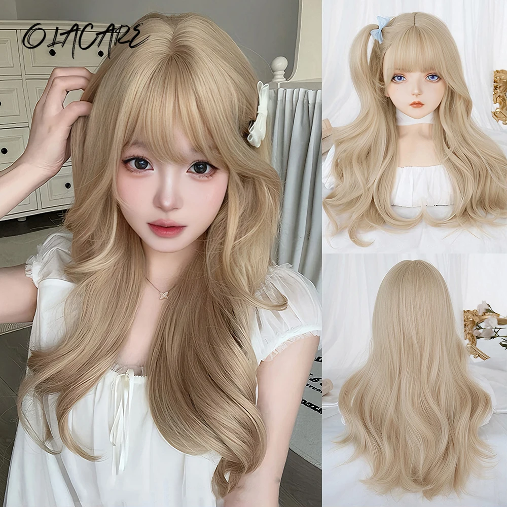 OLACARE Brown Blonde Glod Wavy Wigs for Women with Bangs Synthetic Long Curly Wavy Natural Hair Wig Daily Cosplay Heat Resistant