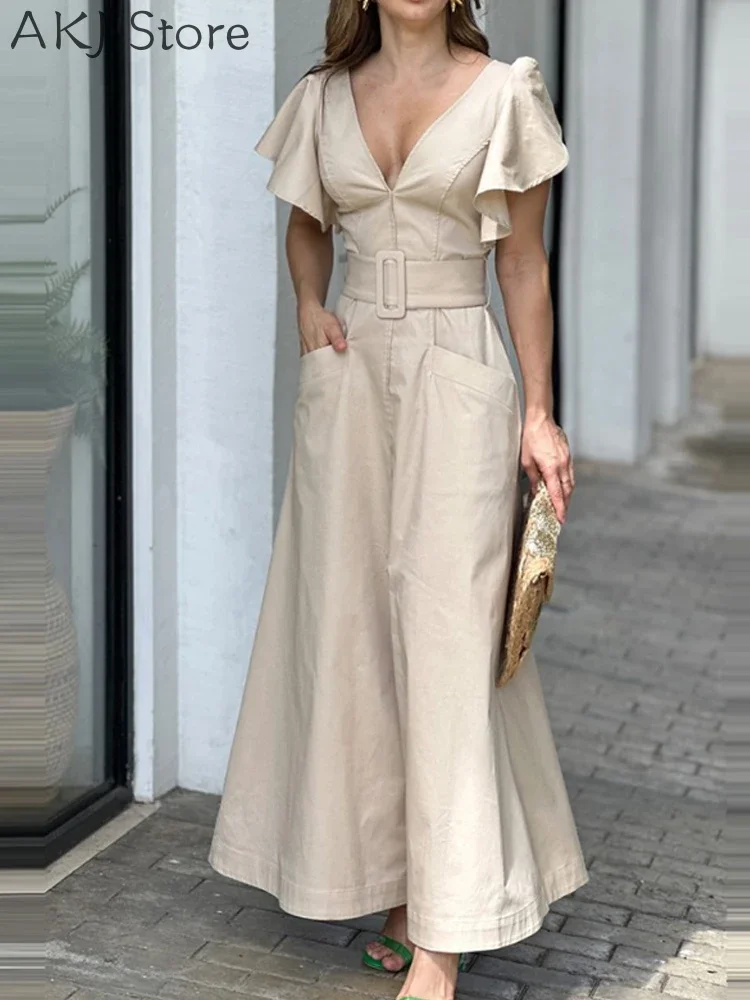 Women V-Neck Bell Sleeve Slit Front Pocket Design Maxi Dress with Belt